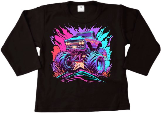 Shirt kind - Shirt met print monster truck - Zwart - Stoer shirt met lange mouwen - Maat 122/128