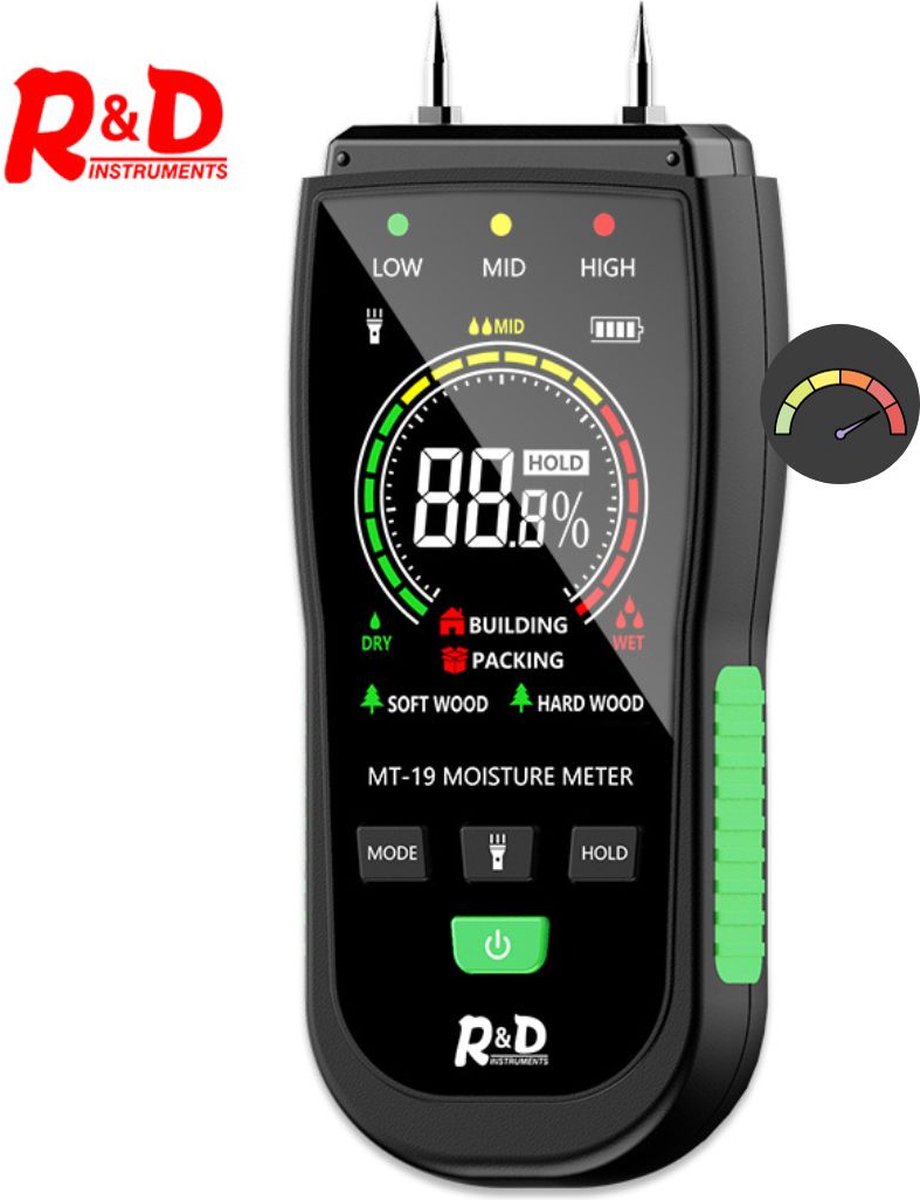 R&D Instruments - Vochtmeter muren - Hygrometer binnen - Twee pins muur tester - Steen- en houtvochtigheid tester