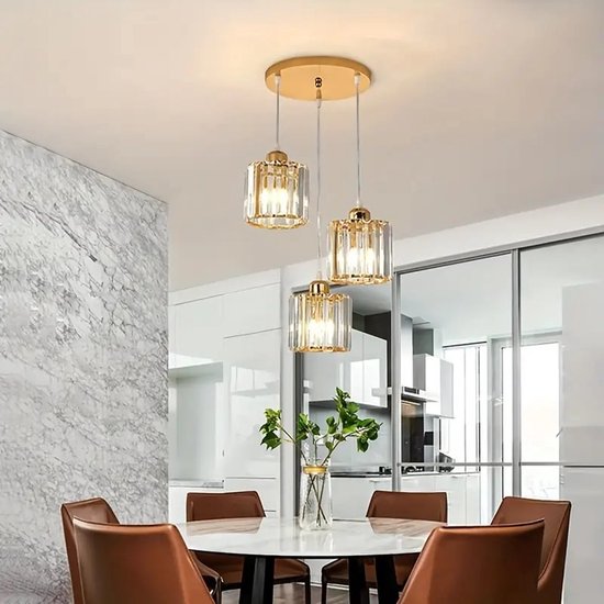 LuxiLamps - Lampe suspendue 3 rondes en cristal - Lustre doré - E27 - Pour Cuisine ou salle à manger - Lampe suspendue moderne