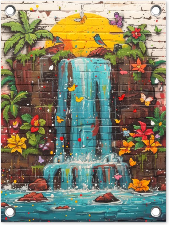 Tuin decoratie Graffiti - Waterval - Kleurrijk - Bloemen - Street art - 30x40 cm - Tuindoek - Buitenposter..