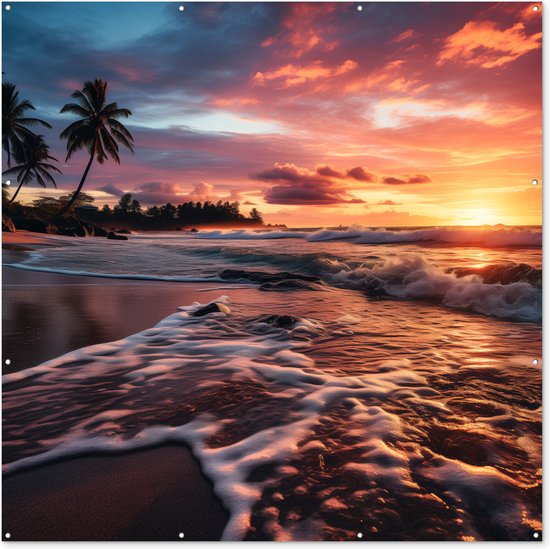 Tuin poster Zonsondergang - Strand met Palmbomen - Zee - 200x200 cm - Tuindoek - Buitenposter