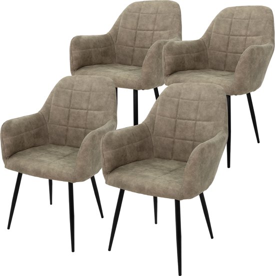 Quatre chaises de salle à manger taupe avec assise matelassée, accoudoirs et pieds noirs.