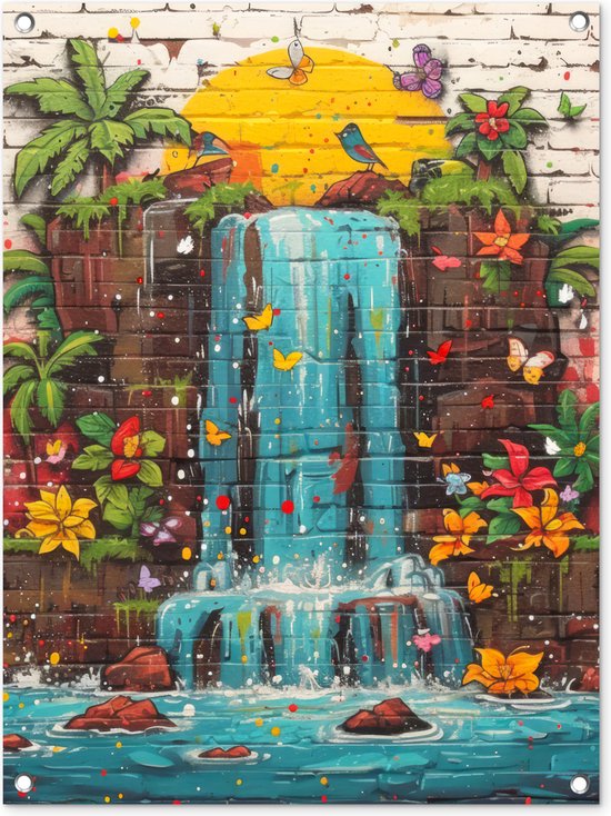 Tuinschilderij Graffiti - Waterval - Kleurrijk - Bloemen - Street art - 60x80 cm - Tuinposter - Tuindoek - Buitenposter..