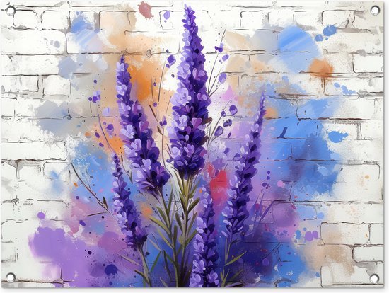 Tuinschilderij Lavendel - Graffiti - Bloemen - Paars - Bloem - 80x60 cm - Tuinposter - Tuindoek - Buitenposter..