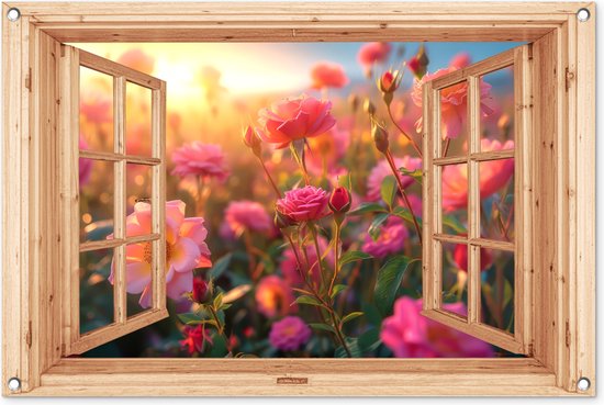 Tuinposter doorkijk bloemen - Lichtbruin raam - Tuindecoratie roze rozen - 90x60 cm - Poster voor in de tuin - Buiten decoratie - Schutting tuinschilderij - Tuindoek muurdecoratie - Wanddecoratie balkondoek