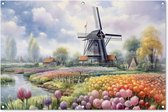 Tuinposter bloemen - Tuindecoratie tulpen - 120x80 cm - Poster voor in de tuin - Buiten decoratie Holland - Schutting tuinschilderij verf - Tuindoek muurdecoratie windmolen - Wanddecoratie balkondoek
