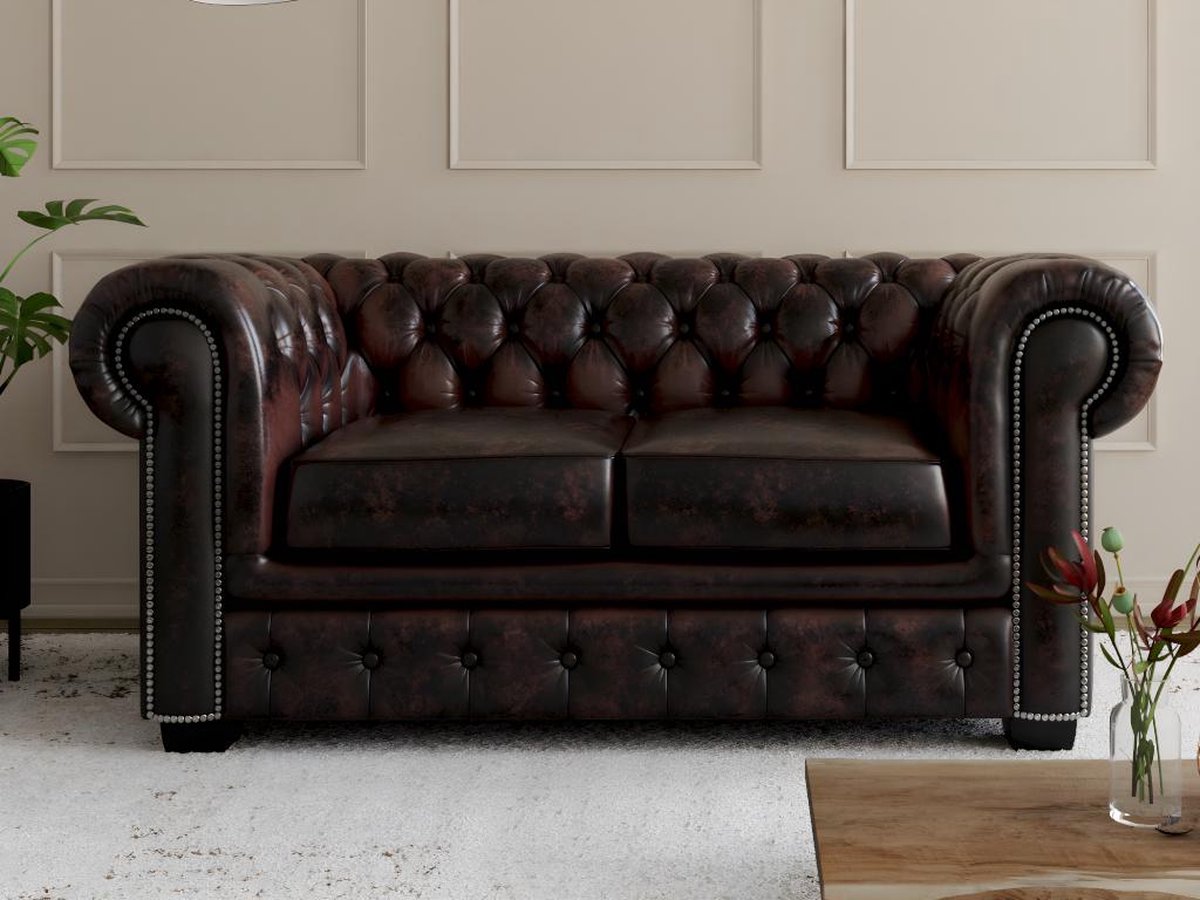 Vente-unique Tweezitsbank Chesterfield BRENTON 100% buffelleer - bruin tinten Donkerbruin