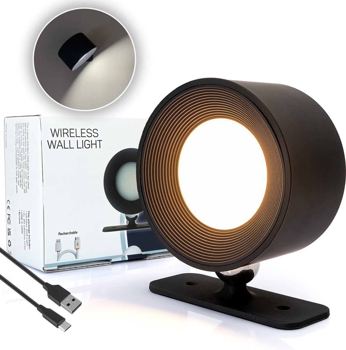 Latium Oplaadbare LED Wandlamp voor Binnen - USB Oplaadbaar - Draadloos - Batterij - Dimbaar - Nachtlampje - Slaapkamer - Woonkamer - Touch Control - 360º rotatie - Zwart - Latium