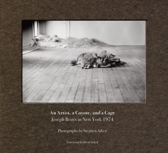 Zwart-witfoto van een coyote die op een houten vloer ligt, bedekt met een deken. Titel: An Artist, a Coyote, and a Cage.