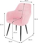 Chaise de salle à manger rose en velours avec dimensions: largeur 38 cm, profondeur 60 cm, hauteur 84 cm. Hauteur d'assise 45 cm, largeur d'assise 42 cm, profondeur d'assise 44 cm.