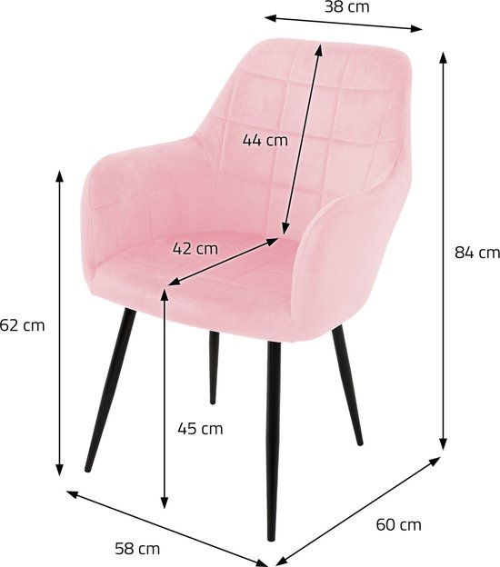 Chaise de salle à manger rose en velours avec dimensions: largeur 38 cm, profondeur 60 cm, hauteur 84 cm. Hauteur d'assise 45 cm, largeur d'assise 42 cm, profondeur d'assise 44 cm.