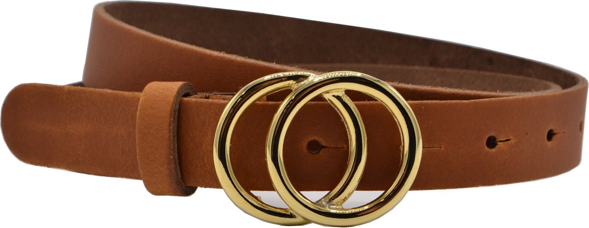 LEUKE COGNAC 2.5CM BREDE RIEM VAN SPLITLEER MET GOUD KLEURIGE GESP. MAAT 85