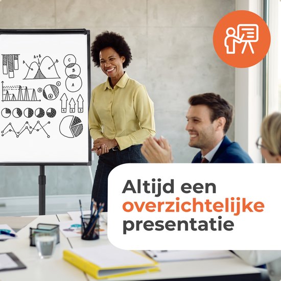 Een flipover met grafieken op een zwart, verrijdbaar statief. "Perfecte stabiliteit en mobiliteit".