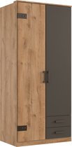Kledingkast Stratum - Houtlook - Eiken/Grafiet - 90x199x58 cm (BxHxD) - Draaideuren - Slaapkamer - Industrieel - 1 plank & 1 roede