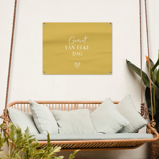 Affiche de jardin 80x60 cm - Décoration de jardin - Citation - Enjoy - Jaune - Texte - Coeur - Affiche pour le jardin - Décoration extérieure - Peinture de jardin de clôture - Décoration murale murale - Toile de jardin - Affiche extérieure