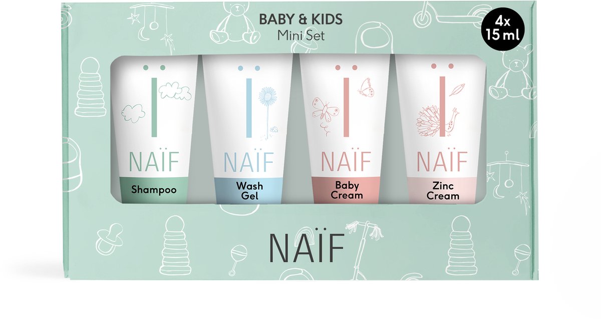 Naïf - Babyverzorging Miniset - 4x15ml - Baby's & Kinderen - met Natuurlijke Ingrediënten - Cadeauverpakking - Naïf