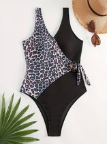 Badpak- laag uitgesneden luipaardprint zwempak met V-hals Corrigerend badpak- Dames badmode bikini zwemkleding strandkleding- Zwart- Maat XXL