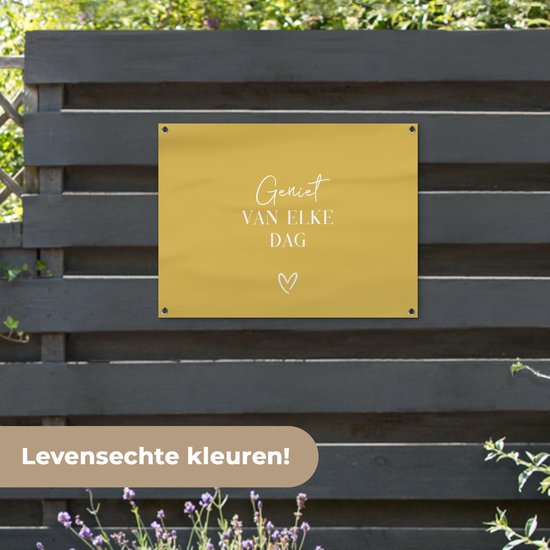 Affiche de jardin 80x60 cm - Décoration de jardin - Citation - Enjoy - Jaune - Texte - Coeur - Affiche pour le jardin - Décoration extérieure - Peinture de jardin de clôture - Décoration murale murale - Toile de jardin - Affiche extérieure