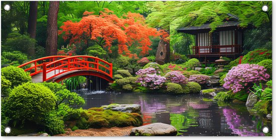 Tuinposter Japanse tuin - Natuur - Bomen - Planten - Japan - 80x40 cm - Wanddecoratie Buiten - Tuinposter - Tuindoek - Schuttingposter - Tuinschilderij