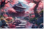 Tuinposter Japanse tuin - Tuindecoratie sakura - 90x60 cm - Poster voor in de tuin - Buiten decoratie kersenbloesem - Schutting tuinschilderij Japan - Tuindoek muurdecoratie - Wanddecoratie balkondoek