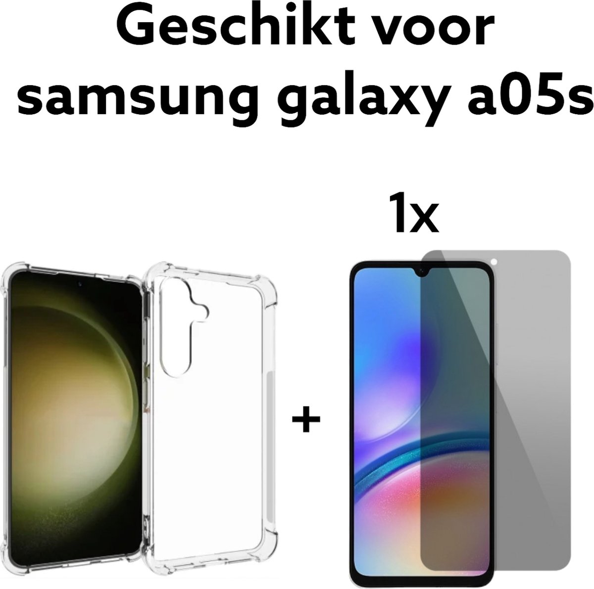 samsung galaxy a05s transparant antishock backcover + 1x privacy screenprotector | samsung galaxy a05s doorzichtig antischok achterkant + 1x privacy tempered glas protectie