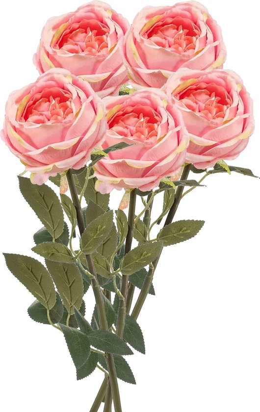 Emerald Kunstbloem roos Joelle - 5x - roze - 65 cm - decoratie bloemen