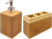 Badkamerset 2-delig bamboe hout 13 cm - Navulbare zeep houder - Toilet/badkamer accessoires
