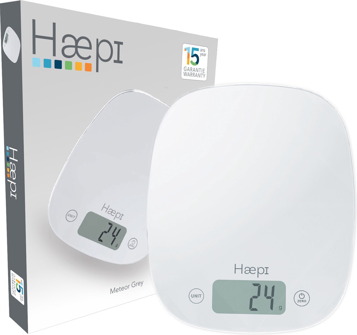 Haepi - Elektronische keukenweegschaal van hoogprecisie glas, 5000g/1g, tarrafunctie, vloeistoffunctie, modern en afgerond ontwerp, groot scherm en grote cijfers, batterijen inbegrepen