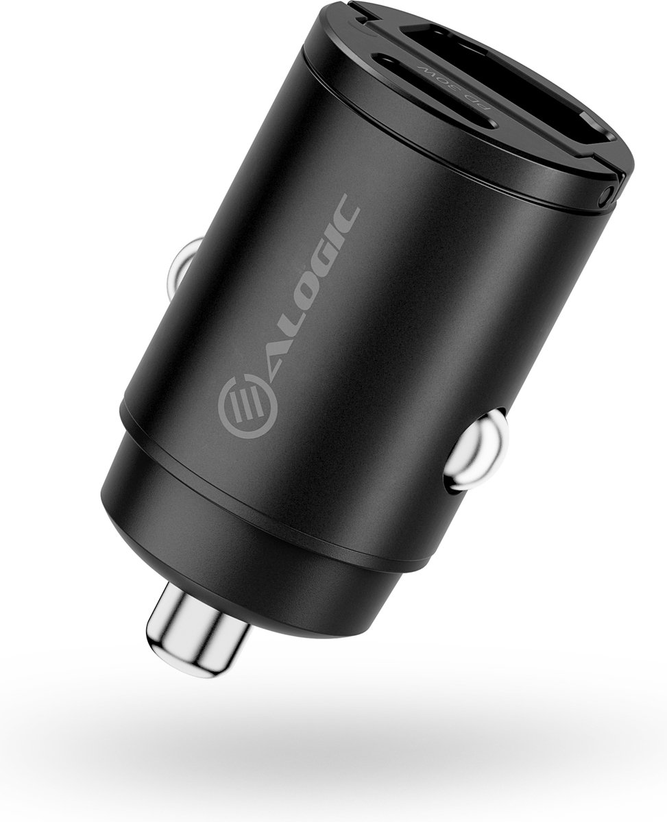Alogic Rapid Power 2-poorts mini USB-C/USB-A autolader – 30W Max Vermogen – Compact Aluminium Design – Geschikt voor 12-24V Auto Oplaadcontact - Zwart