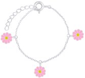 Joy|S - Zilveren madelief bloem bedel armband - roze bloemetjes - 14 cm + 3 cm extension - voor kinderen