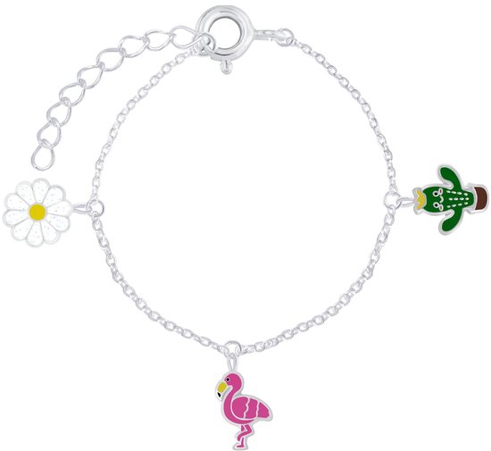 Joy|S - Zilveren bedel armband voor kinderen - flamingo - bloem - cactus - 14 cm + 2 cm extension
