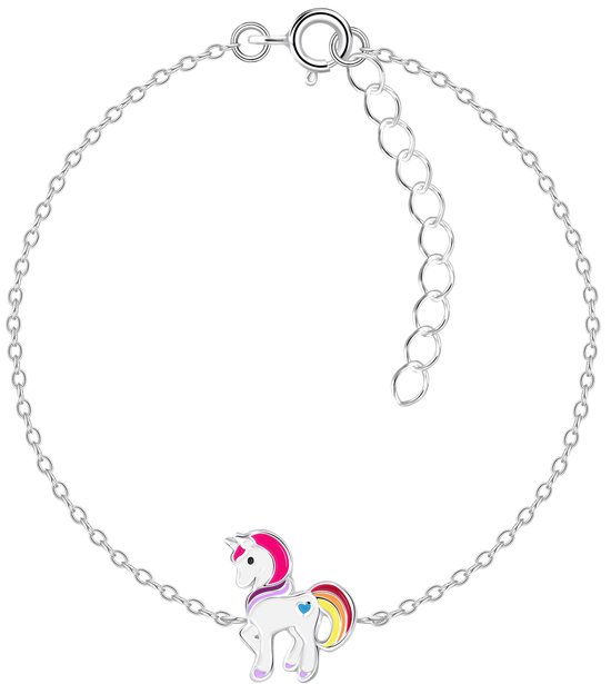 Joy|S - Zilveren eenhoorn armband - pony armband - 14 cm + 3 cm unicorn wit rood oranje geel met blauw hartje