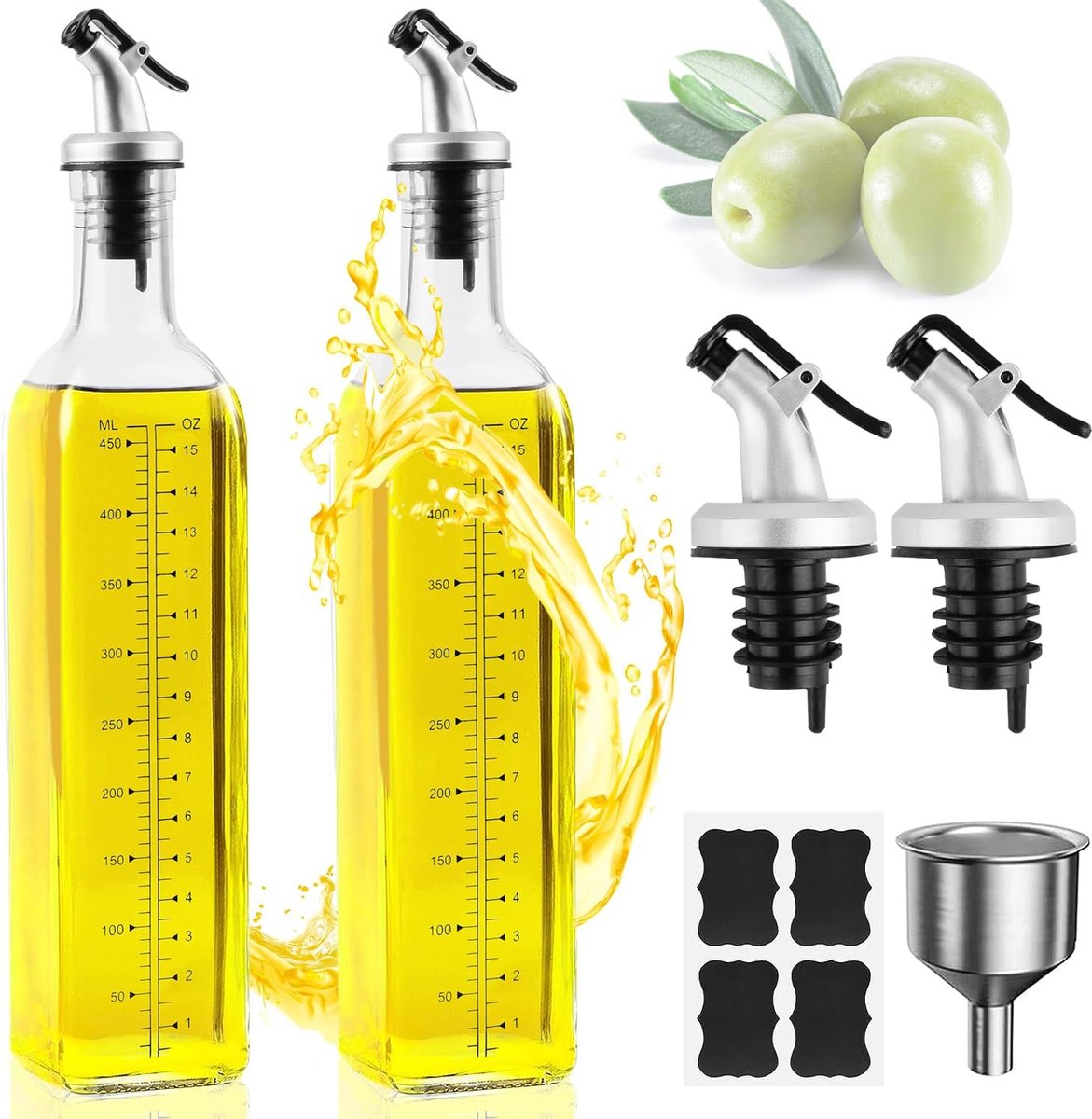Provance Set van 2 oliefles 2 x 300 ml voor azijn en oliedispenser, olijfoliefles met aanslagvrij deksel, glazen fles voor keuken, eetkamer en BBQ