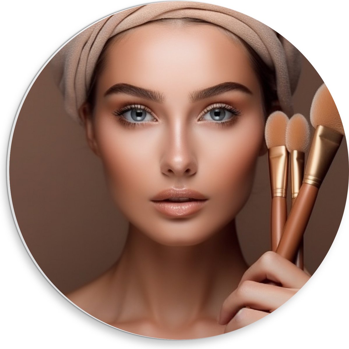 PVC Schuimplaat Muurcirkel - Vrouw - Kwasten - Makeup - Gezicht - 30x30 cm Foto op Muurcirkel (met ophangsysteem)