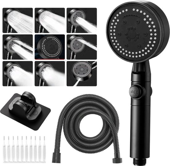 Douchekop waterbesparend met slang, spaardouchekop 8 straalsoorten, 1,5
