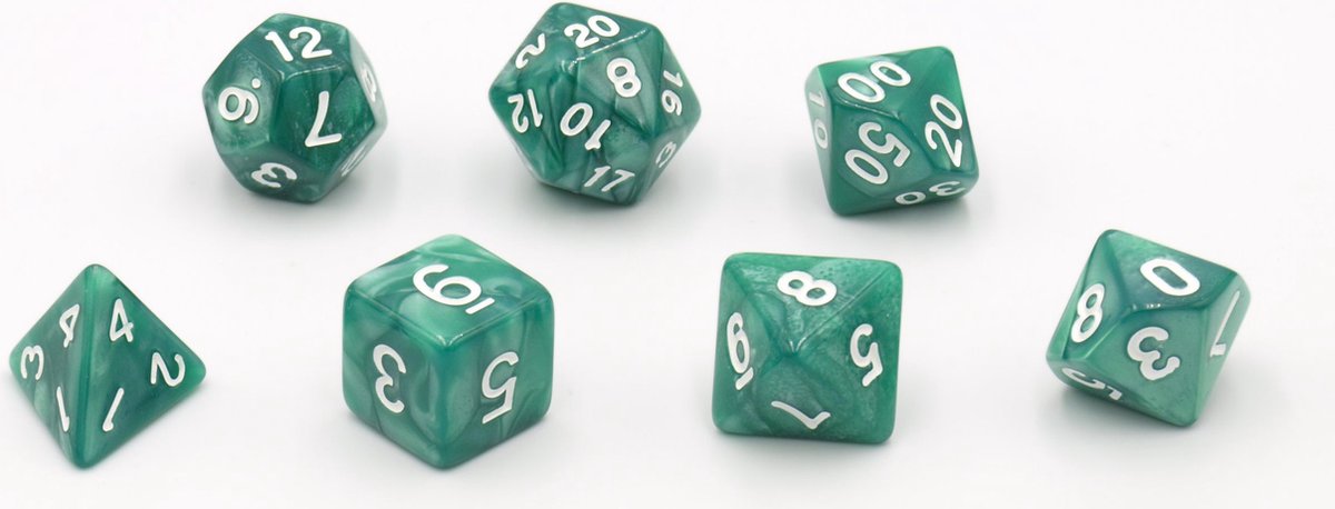 HOT Games dobbelstenen groen parelmoer 7-delige set kunststof brick.