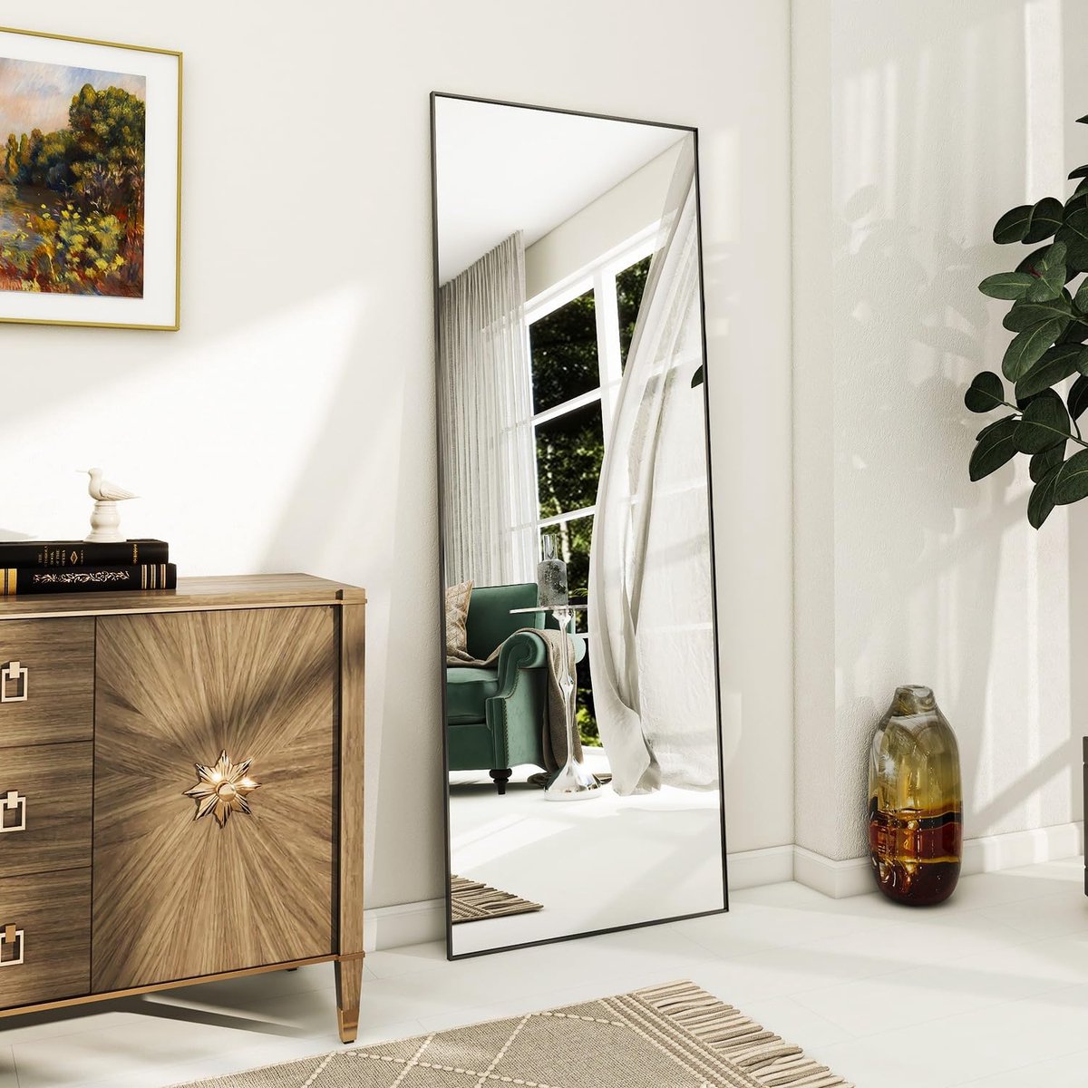 Vasemouh 140 x 51 cm (55 x 20 inch) spiegels in volledige lengte, zwarte lange grote spiegel voor wand- of vloervrijstaand, voor badkamer woonkamer slaapkamer-ronde buisbeugel