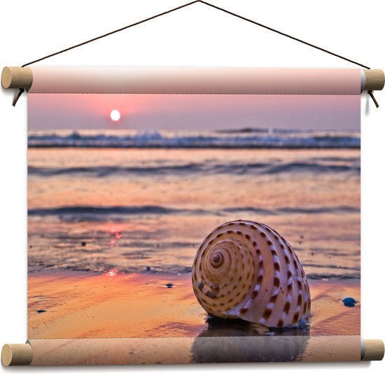 Textielposter - Zee - strand - Schelp - Zonsondergang - 40x30 cm Foto op Textiel