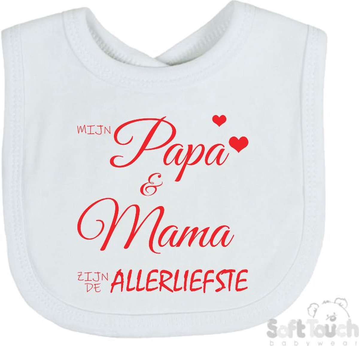 Goedkoopste Soft Touch Slabber Slabbetje Slab Mijn papa & mama zijn de allerliefste Unisex Katoen Wit/rood Maat 33x22 Cm