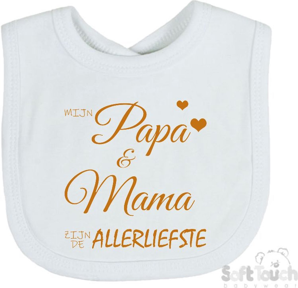 Goedkoopste Soft Touch Slabber Slabbetje Slab Mijn papa & mama zijn de allerliefste Unisex Katoen Wit/tan Maat 33x22 Cm