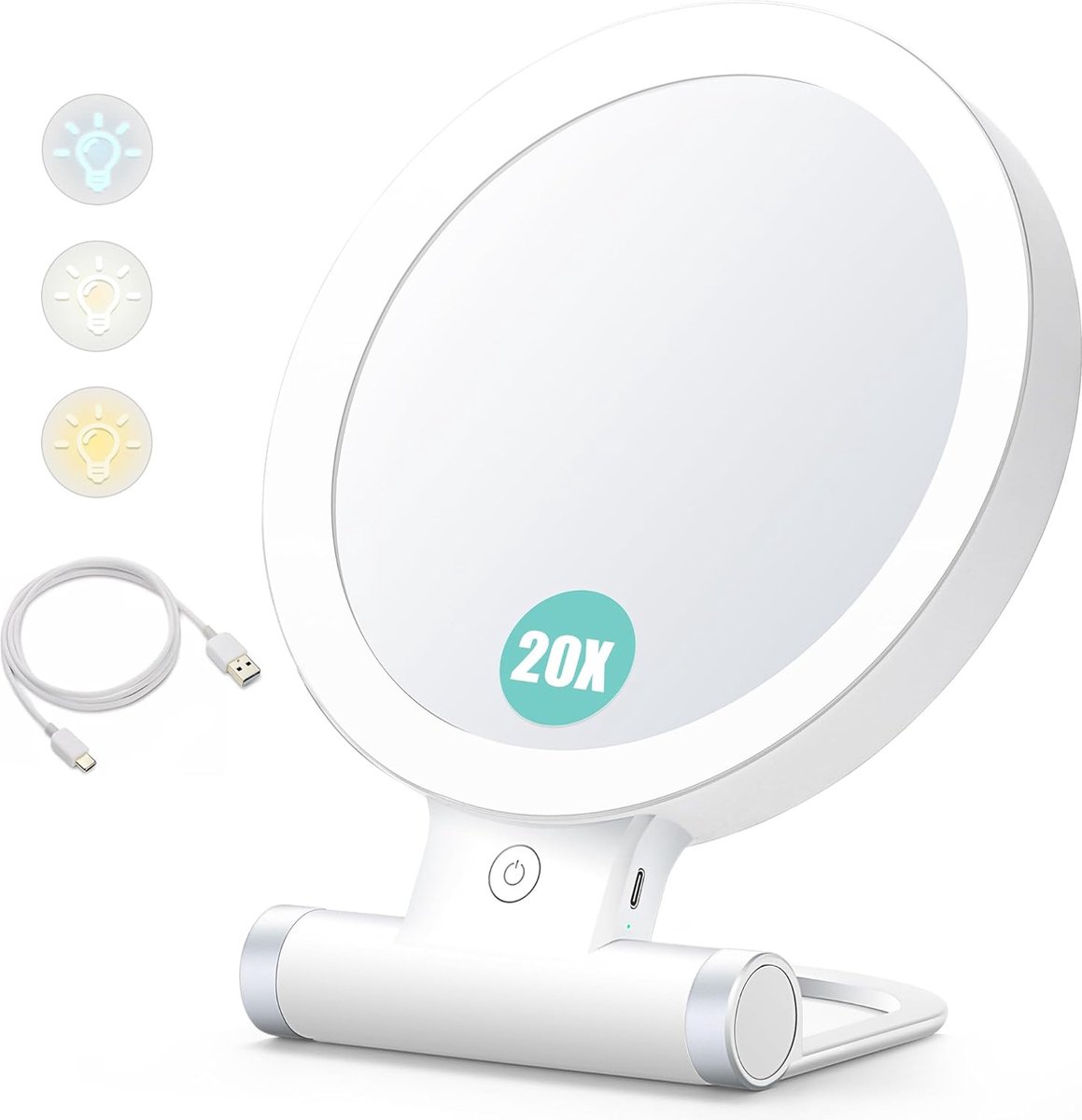 Make-Up Spiegel met Verlichting - Dubbelzijdig Tafelblad - USB Oplaadbare Cosmeticaspiegel - 1x tot 20x Vergroting - Spiegel met Aanraakscherm - Dimbaar - Scheerspiegel