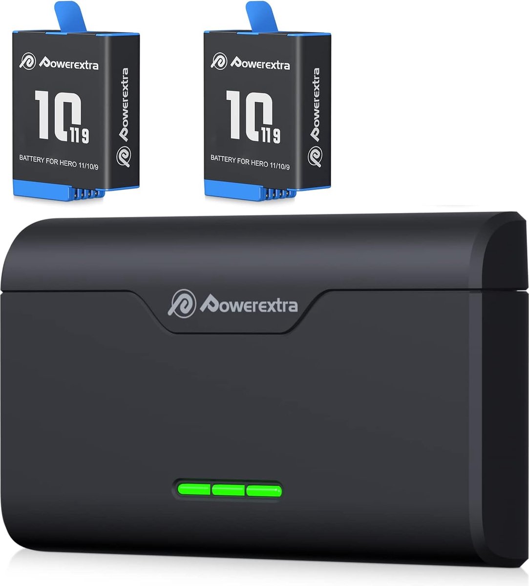 PowerExtra Oplader met 2 Batterijen geschikt voor GoPro 12, GoPro 11, GoPro 10 & GoPro 9 - Snelle oplader met accu's geschikt voor Go Pro