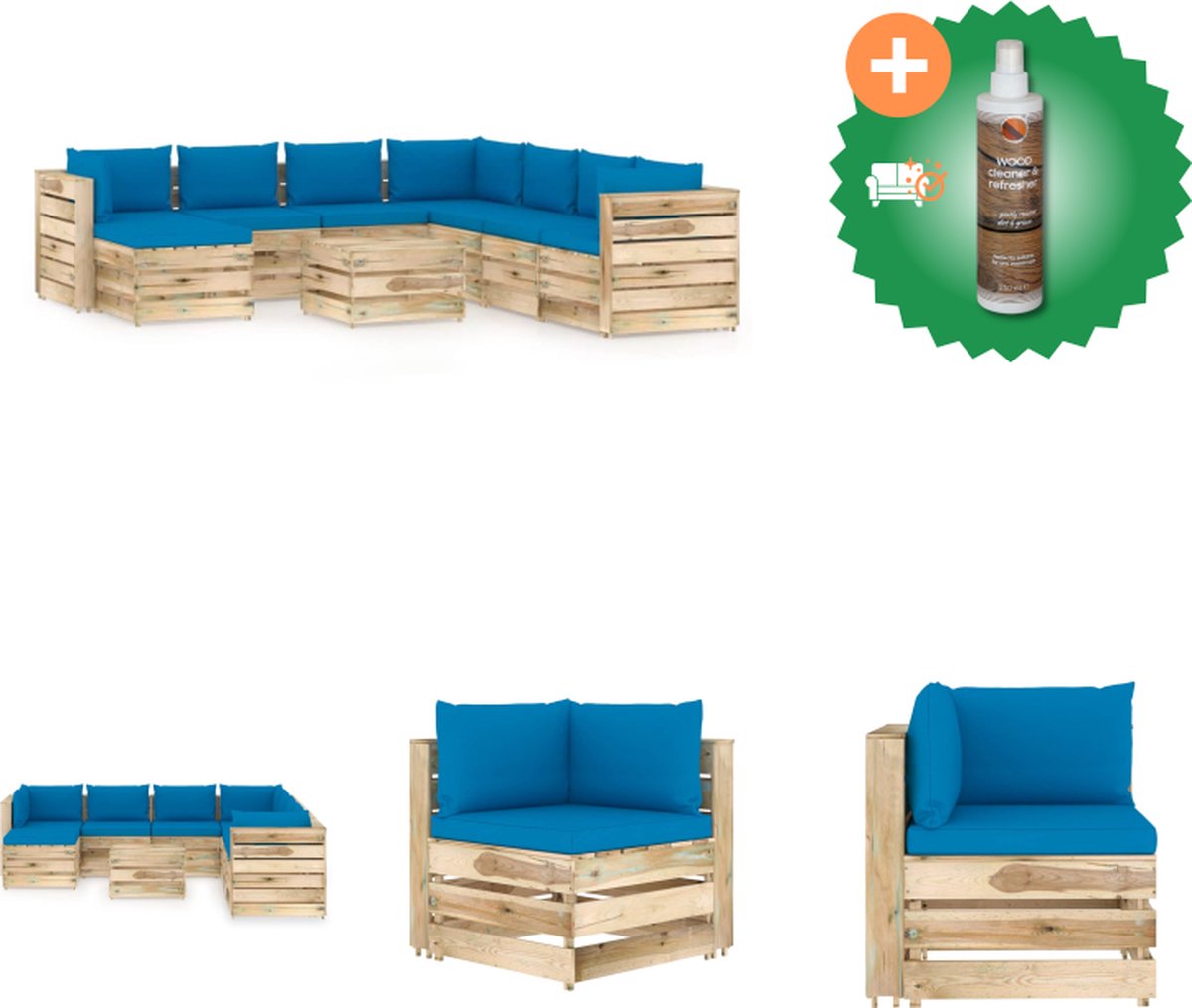 VidaXL Loungeset Pallet Grenenhout Hoekbank 69x70x66cm Middenbank 60x70x66cm Tafel Voetenbank 60x62x37cm Lichtblauwe kussens Montage vereist Tuinset Inclusief Houtreiniger en verfrisser