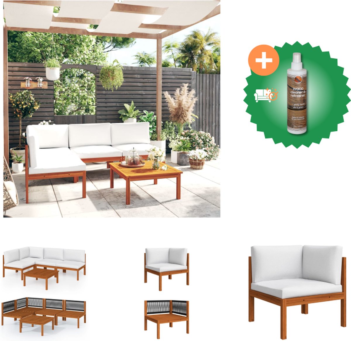 VidaXL loungeset Acacia Hoekbank + 3 middenbanken + tafel Crèmewit kussen 65x65x60 cm 6 cm dikke zitkussens 9 cm dikke rugkussens Tuinset Inclusief Houtreiniger en verfrisser