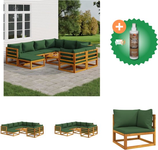 Foto: Vidaxl 10 delige loungeset met groene kussens massief hout tuinset inclusief houtreiniger en verfrisser