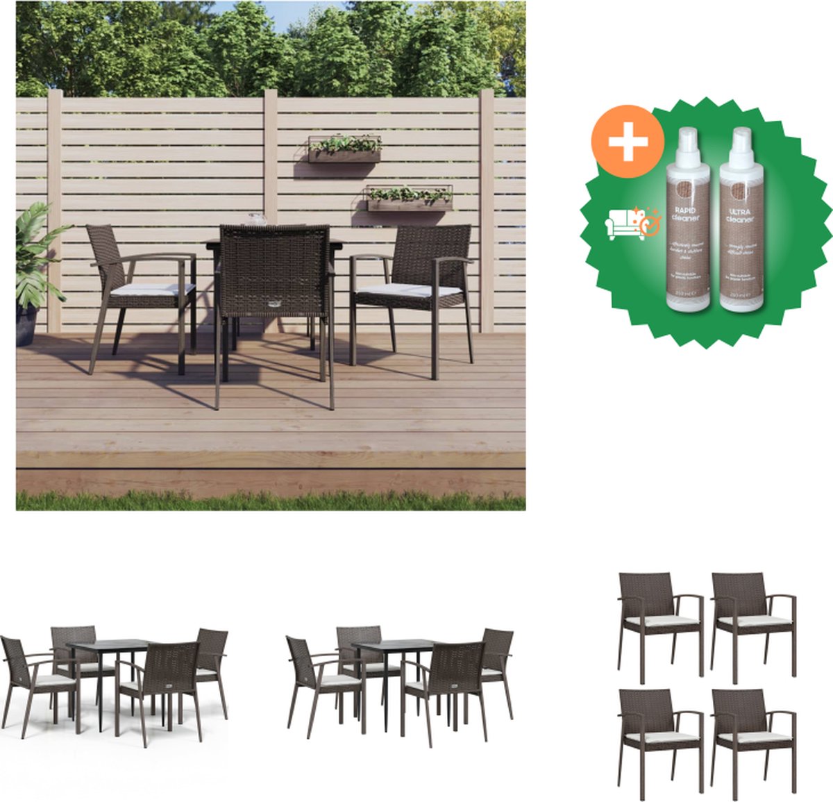 VidaXL Tuinset Rattan Eethoek Bruin 56.5 x 57 x 83 cm 110 kg Tafel 80 x 80 x 74 cm Zitkussen Tuinset Inclusief Onderhoudsset