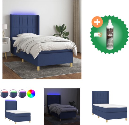 vidaXL Boxspring met matras en LED stof blauw 90x200 cm - Bed - Inclusief Reiniger