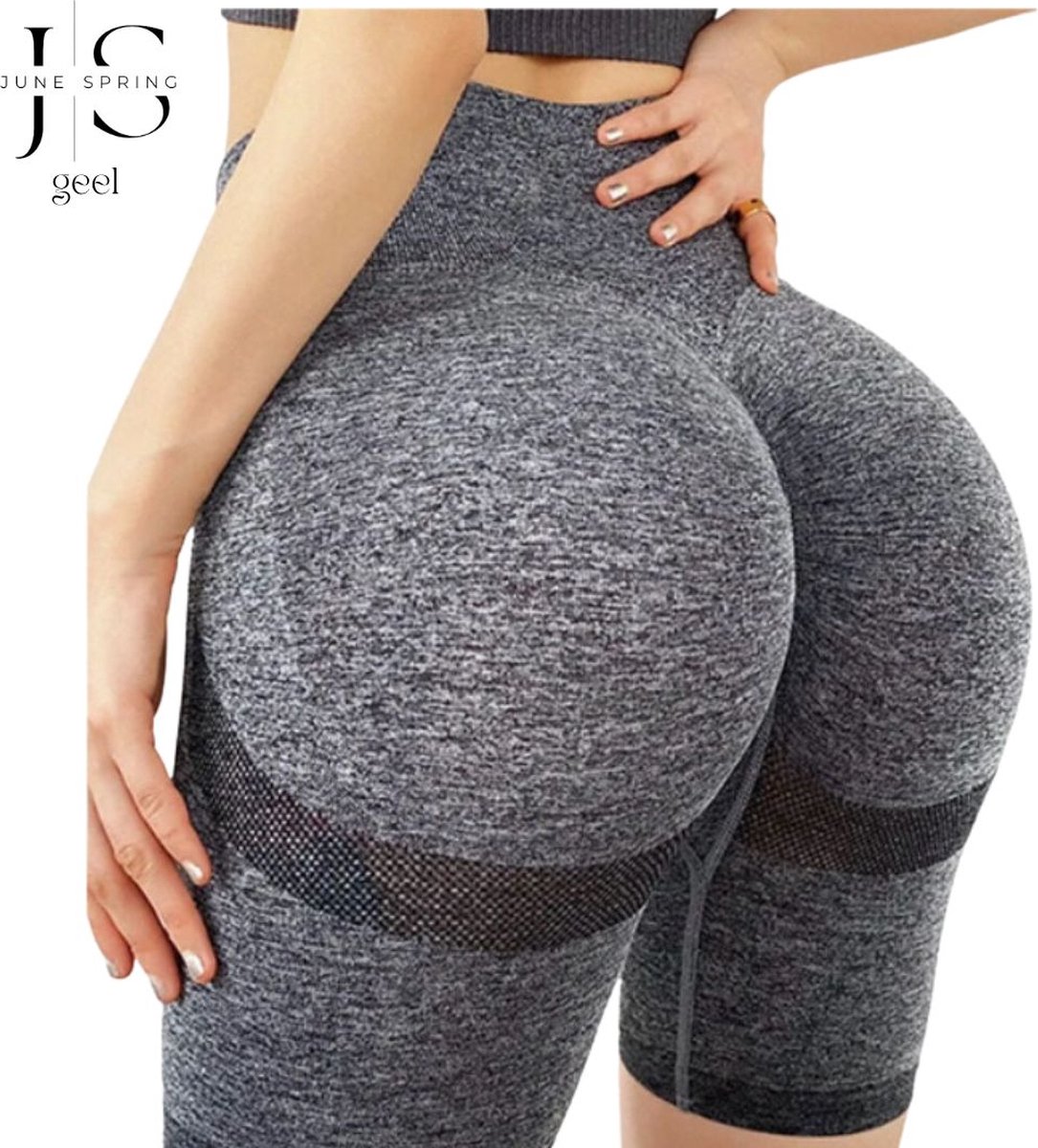 June Spring Sportshort - Maat M/Medium - Kleur: Grijs - Sportshort voor Vrouwen - Accentueert de Billen - High-Waist - Dames Sportshort - Fitness Short - Yogapants - Hoge Kwaliteit Sportlegging