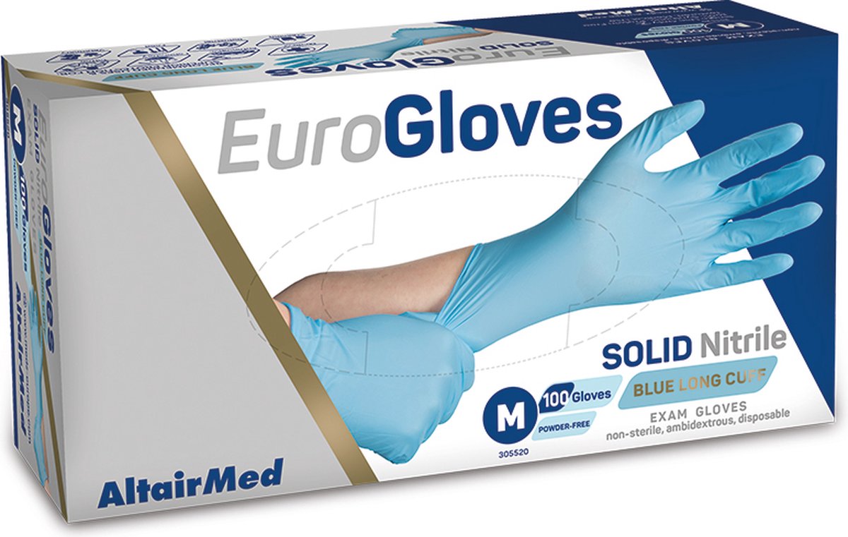 Goedkoopste Voordeelverpakking handschoenen 4 x Eurogloves solid-nitrile 300mm poedervrij blauw - Medium 100 stuks