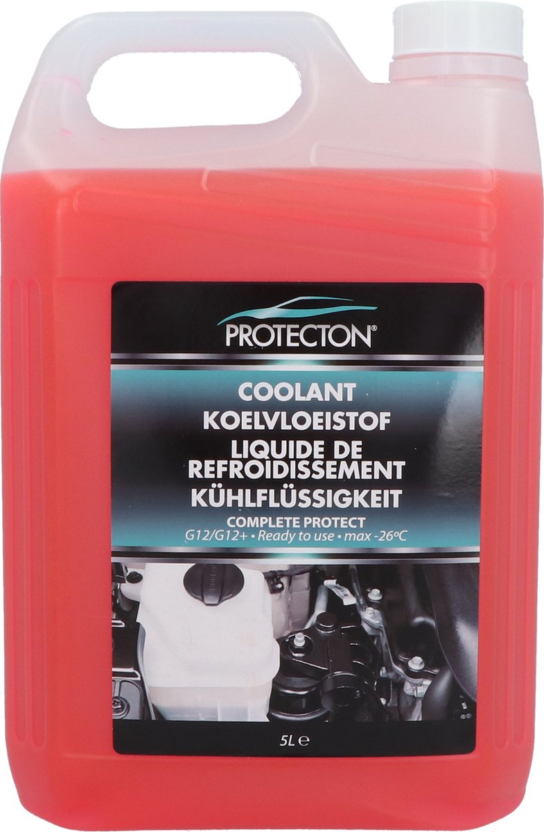 Protecton Complete Bescherming Koelvloeistof - G12/G12+ - Mengbaar met alle soorten en kleuren koelvloeistof - Optimale koeling van de motor in zomer en winter - Geeft bescherming tot -26°C - Tast geen lak, rubber of metal aan - 5 Liter